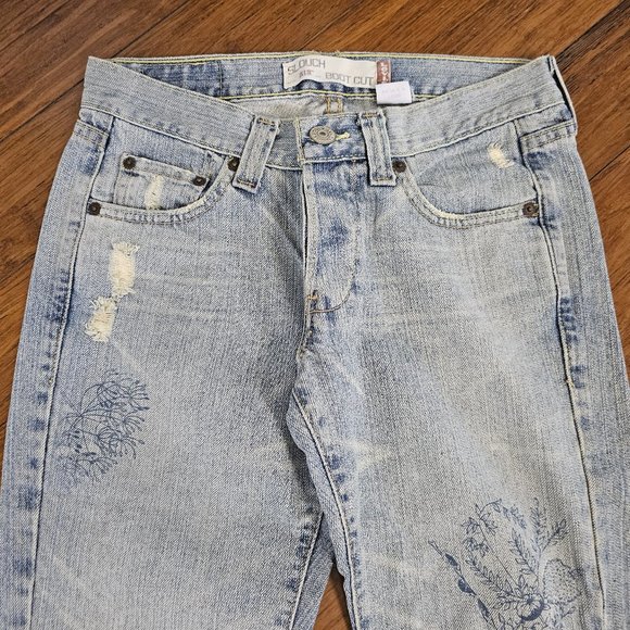 VINTAGE junior's LEVI'S #513 slouch boot cut JEANS distressed IMPRINTED DESIGN - Picture 5 of 16